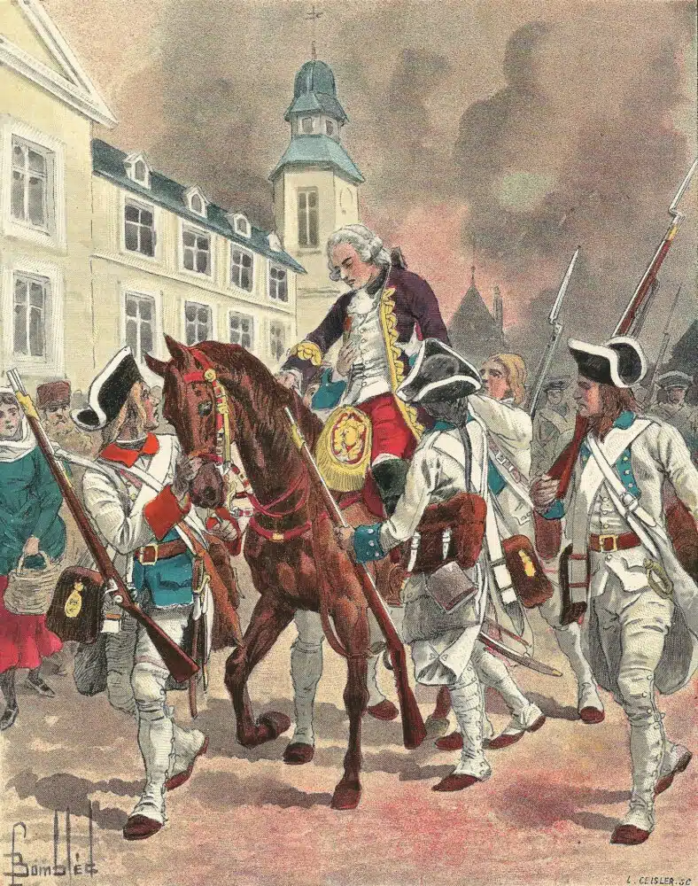 Montcalm blessé à la bataille des Plaines d'Abraham est ramené à Québec (aquarelle de Louis Bombled)