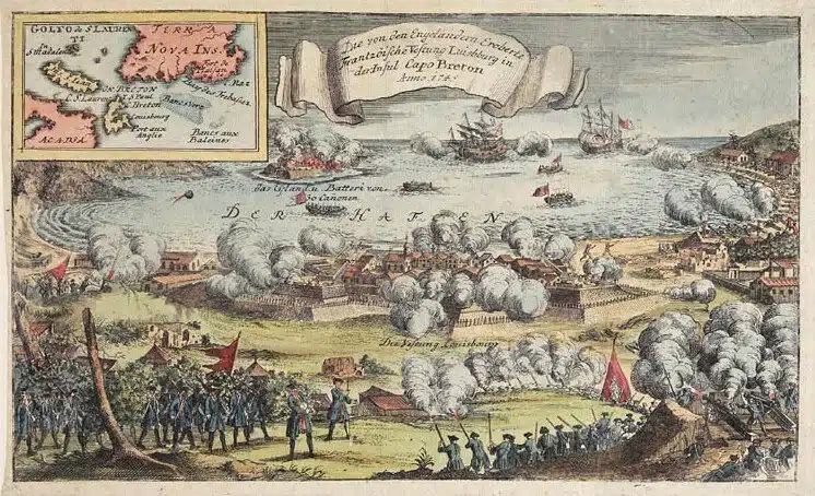 Gravure représentant le siège de Louisbourg de 1745, durant la guerre de Succession d'Autriche (troisième guerre intercoloniale)
