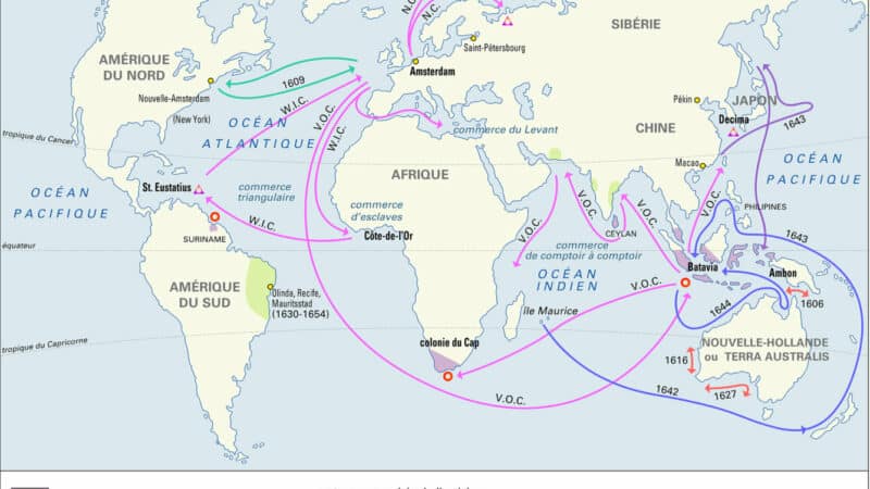 Carte de l'Empire colonial hollandais au XVIIe siècle (© Encyclopædia Universalis)