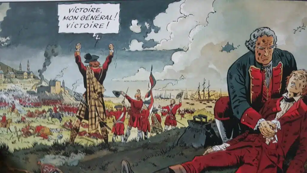 La mort du général Wolfe durant la bataille des Plaines d'Abraham (extrait de la BD Les Pionniers du Nouveau Monde)