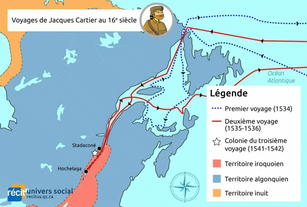 Carte récapitulative des trois voyages de Jacques Cartier dans le golfe du Saint-Laurent entre 1534 et 1542