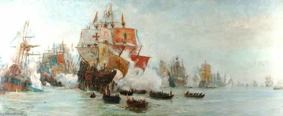 Illustration de la bataille de Gravelines (1588), où une flotte anglaise défait l'Invincible Armada espagnol