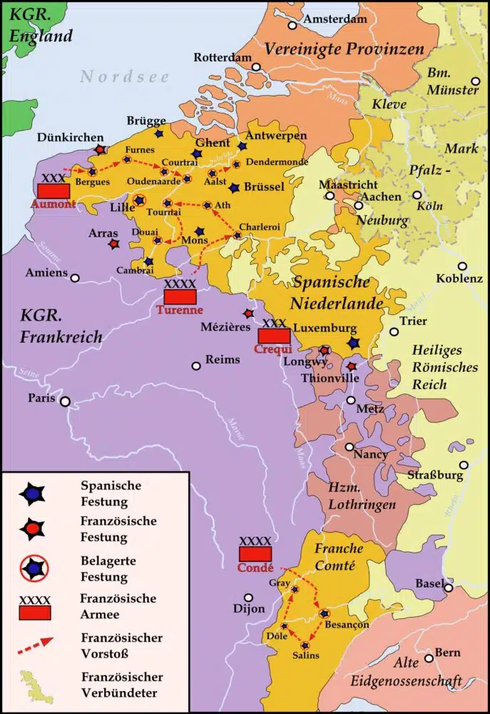 Carte récapitulative de la guerre de Dévolution (1667-1668)