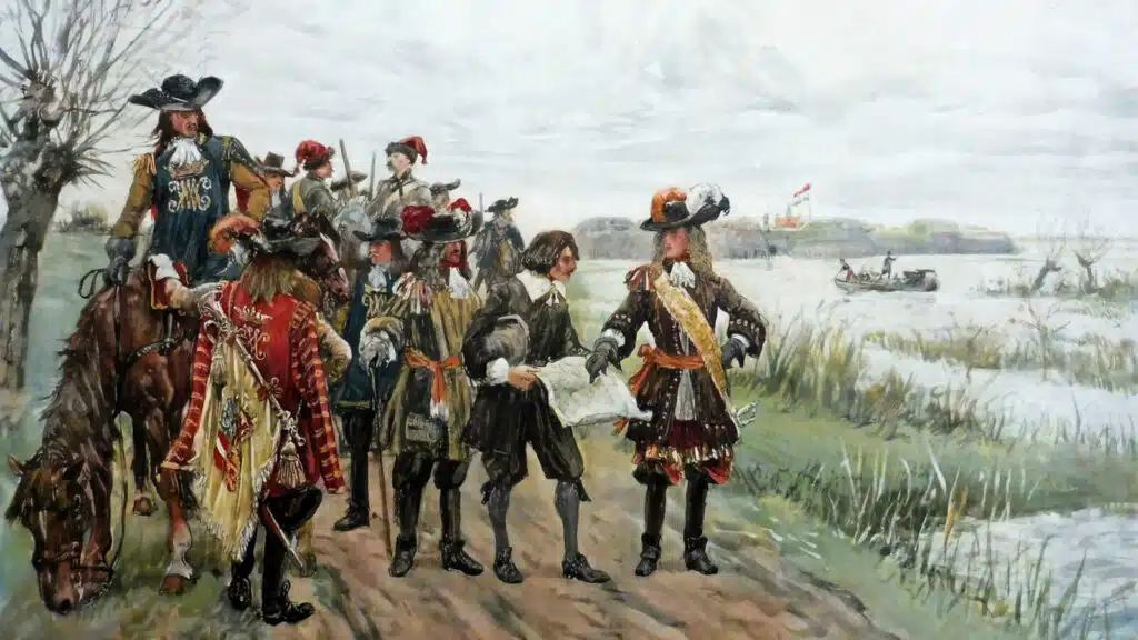 Guillaume III inspectant la Waterlinie (ligne de défense) en 1672, dans le cadre de la guerre de Hollande