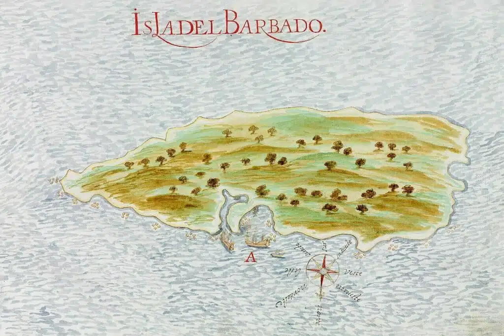 Carte de l'île de la Barbade en 1632, une des plus importantes et riches colonies anglaises du XVIIe siècle