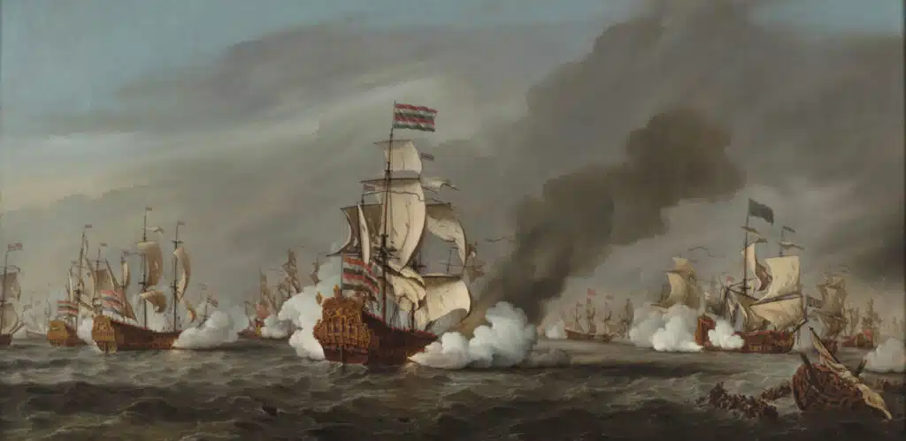 Peinture hollandaise de la bataille de Texel (1673), combat naval majeur de la troisième guerre anglo-néerlandaise et de la guerre de Hollande