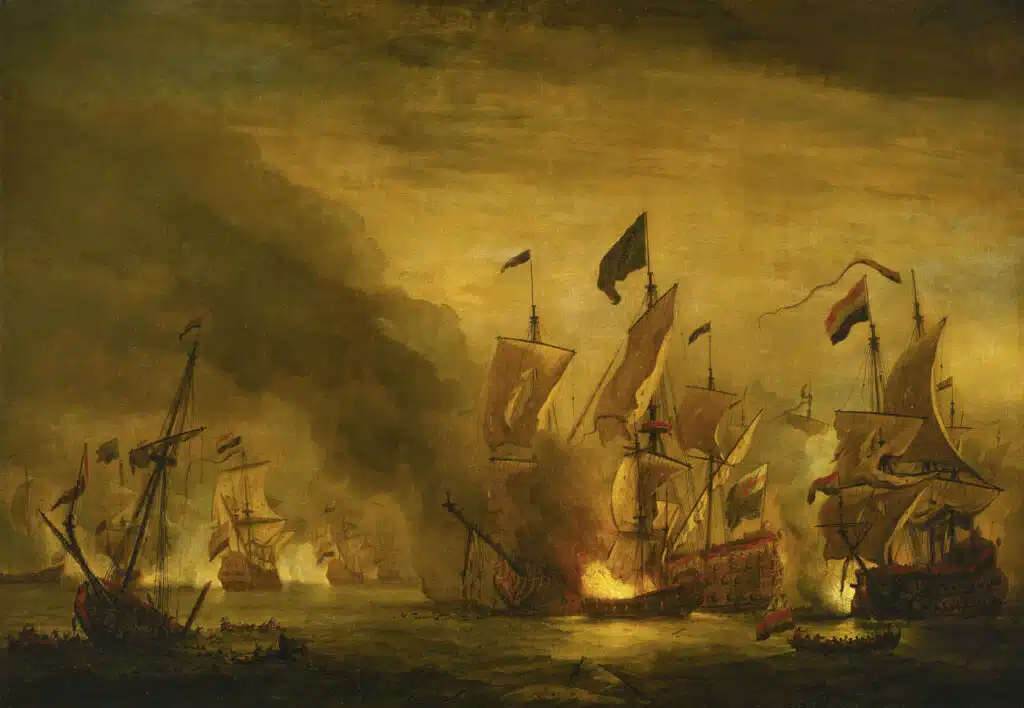 L'incendie du Royal James à la bataille de Solebay (1672), combat naval majeur de la troisième guerre anglo-néerlandaise et de la guerre de Hollande