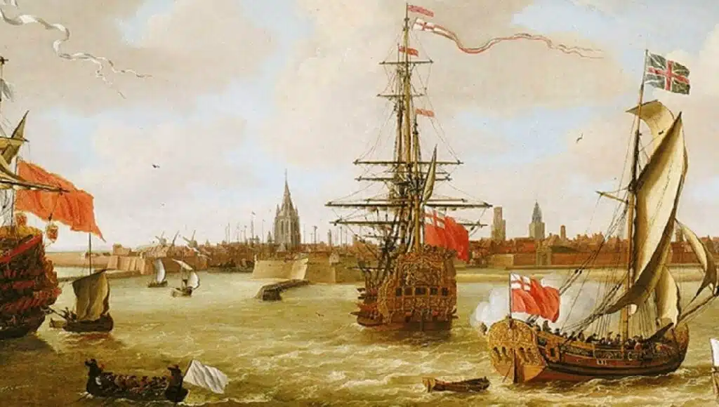 Des navires de guerre anglais du XVIIe siècle dans un port