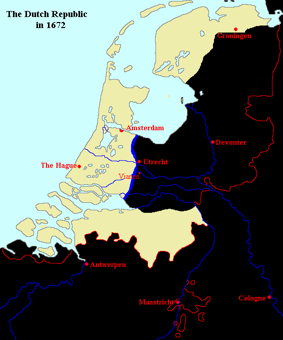 Les positions tenues par les forces néerlandaises à l'été face à l'invasion française (guerre de Hollande)