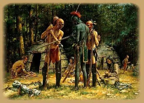 Vue d'artiste représentant des guerriers amérindiens dans un village