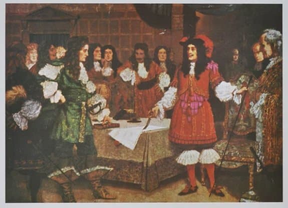 Peinture illustrant l'octroi de la charte royale de la Compagnie de la Baie d'Hudson par le roi anglais Charles II