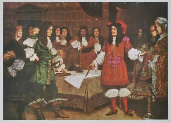 Peinture illustrant l'octroi de la charte royale de la Compagnie de la Baie d'Hudson par le roi anglais Charles II